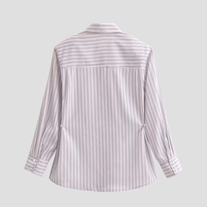 Rear view of striped long sleeve button shirt with vertical light pink and white lines