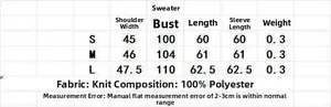 Size chart for V-neck striped knit sweater including S, M, L measurements and 100% polyester fabric