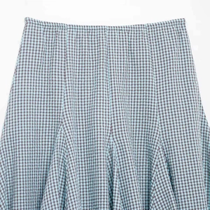 Women's blue and brown plaid seersucker skirt with elastic pleated waist and irregular hem