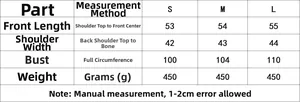 Detailed size chart with length, shoulder, and bust measurements for embroidered vest