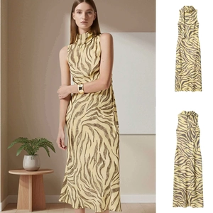 Women's Elegant Zebra Print Sleeveless Scarf Collar High Neck Slim Fit Maxi Dress Summer Fashion Bodycon Long Dress