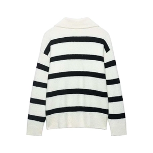 Relaxed black and white striped V-neck knit sweater with lapel collar and ribbed hem