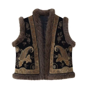Vintage velvet vest with ethnic embroidery and faux fur trim for women in autumn