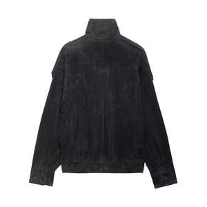 Klassische schwarze Wildleder-Bikerjacke für Damen mit strukturierter Rückseite und Stehkragen