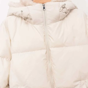 Off-white oversized quilted puffer jacket with cozy fleece-lined hood and drawstring detail