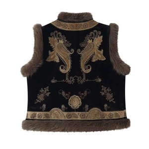 Vintage black velvet vest with gold paisley embroidery and brown faux fur trim back view