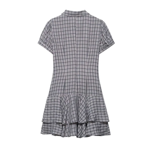 Detailed back view of a grey gingham short-sleeved dress with double-layered ruffles