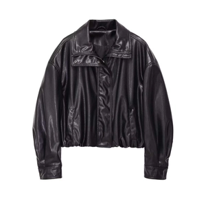 Women Casual Faux Leather Short Jacket Loose Fit Lapel Zipper Moto Biker Punk Style Black Long Sleeve Coat Outwear