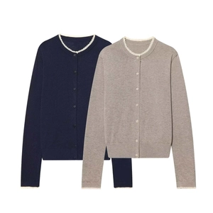 Women Elegant Knitted Cardigan With White Lace Trim Crew Neck Long Sleeve Button Up Sweater Top For Daily Office Commute