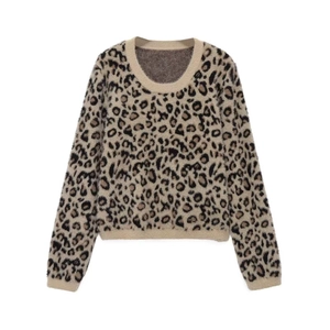 Women Casual Leopard Print Sweater Faux Mink Fur Texture Round Neck Long Sleeve Pullover Knitwear Autumn Winter Warm Top