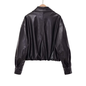 Classic black faux leather casual jacket with drop shoulder and elastic hem design