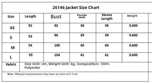 Size chart for metallic textured blazer jacket with detailed measurements and polyester fabric
