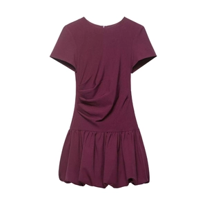 Robe Midi Élégante à Ourlet Boule Rouge Vin pour Femmes Fronces à la Taille Manches Courtes Col Rond Polyester Robe Été