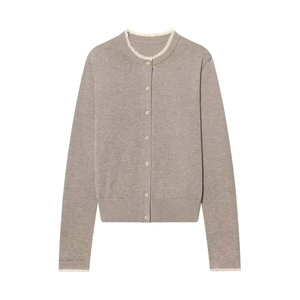 Women's Elegant Lace Patchwork Knit Cardigan Round Neck Single Breasted Long Sleeve Solid Color Soft Sweater Top