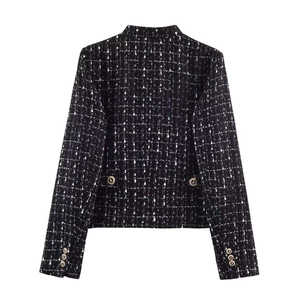 Elegant black tweed blazer jacket with metallic threads and gold embossed buttons on white background