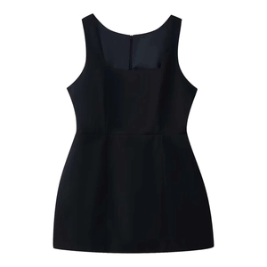 Detail view of the square neckline and waist-skimming cut of a black sleeveless dress