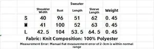Size chart table for light blue knit sweater with polyester fabric and detailed measurements