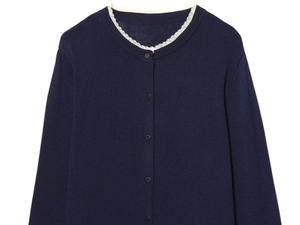 Close-up of navy knit cardigan featuring delicate white lace trim on the round collar