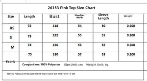 Size guide for pink poplin long sleeve shirt with XS-L measurements and polyester fabric specs