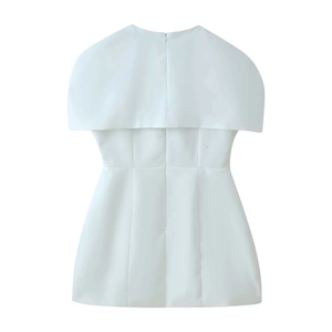 Detail view of white sleeveless cape dress back showing the invisible zipper and waist seam