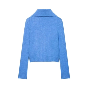 Light blue long sleeve knit cardigan with wide collar and ribbed edges on white background