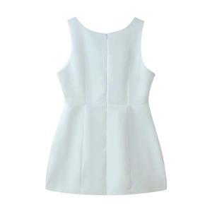 Detailed back view of white sleeveless A-line dress featuring a hidden zipper closure