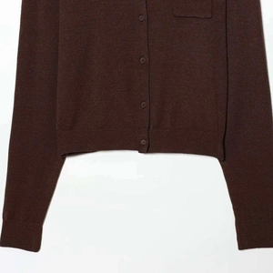 Classic dark brown knit cardigan with front buttons and chest pocket for women