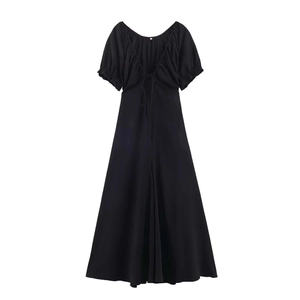 Minimalist black midi dress with puff sleeves and lace-up V-neckline in slim fit