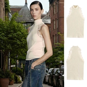 Gilet in Maglia da Donna Senza Maniche Collo Alto Con Bordo in Pizzo a Costine Tinta Unita Casual Slim Fit Estivo Elegante