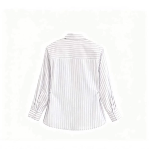 Back view of a classic vertical striped shirt in light pink and grey with a yoke design