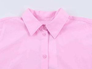Detail of pink poplin shirt collar and color-matched four-hole resin buttons