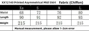 Size chart for asymmetric floral midi skirt showing waist and length measurements