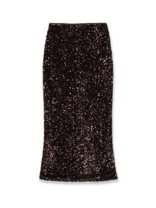Detailed view of high-waist sequin midi skirt in deep chocolate brown with shimmering texture