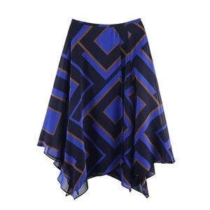 Vintage Geometric Print Asymmetric Midi Skirt For Women High Waist Chiffon Handkerchief Hem Elegant Summer Casual Skirts