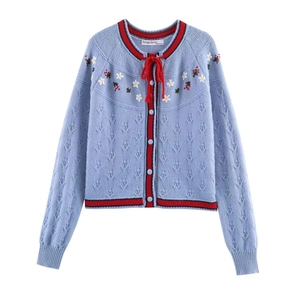 Gilet en Maille Vintage pour Femmes Bleu Clair Broderie Florale Rayures Contrastées Simple Boutonnage Manches Longues