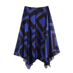 Chic navy blue geometric print asymmetric midi skirt with handkerchief hem design