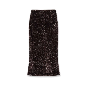 Detail of high-waist sequin skirt in chocolate brown with metallic shimmering finish