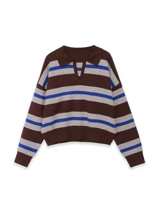 Close-up of striped knit polo sweater with V-neck collar and ribbed cuffs on white background