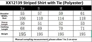 Detailed size guide table for women's striped shirt with polyester fabric measurements