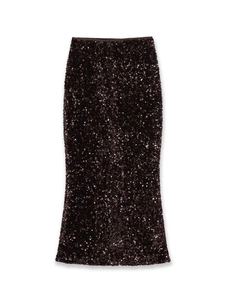 Detailed close-up showing glossy sequins on a high-waisted dark brown midi skirt