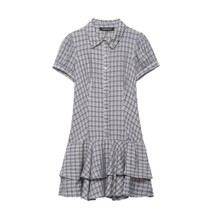 Women Summer Gingham Plaid Short Sleeve Shirt Dress Tiered Ruffle Hem Mini Dress With Polo Collar Button Up Casual Dress