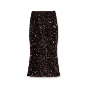 Elegant high-waist sequin maxi skirt in dark brown with shimmering fishtail silhouette