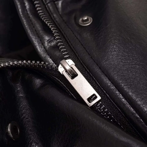 Women's autumn casual loose cropped black leather jacket with silver metal zipper details