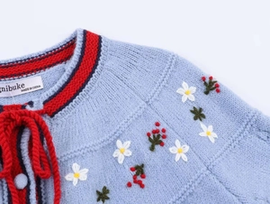 Détail de la broderie florale et du col rayé sur un cardigan en maille bleu clair