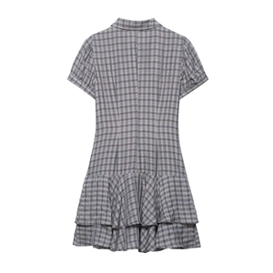 Short sleeve grey plaid mini dress with lapel collar and layered ruffle hem shown from back