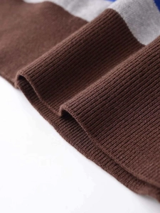 Detail of rib-knit cuffs with brown, grey, and blue color-block stripe pattern