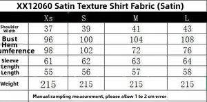 Detailed size chart for satin fabric shirt including chest and shoulder measurements
