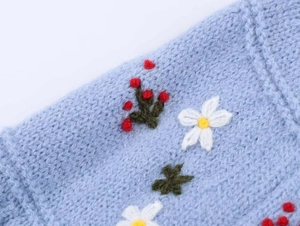 Détail de la broderie de marguerites blanches et baies rouges sur un cardigan en maille
