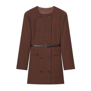 Robe Blazer À Double Boutonnage Femmes Manches Longues Coupe Slim Couleur Unie Polyester Mini Robe Avec Ceinture