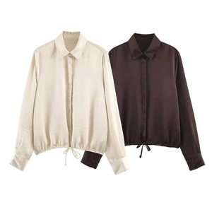 Women's Elegant Satin Blouse Casual Long Sleeve Lapel Shirt With Adjustable Drawstring Hem Hidden Placket Loose Fit Top